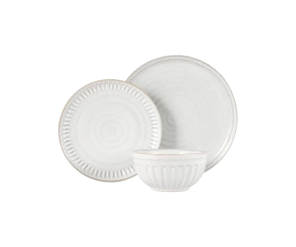Product image of Kmart White Maison Dinner Set 12-piece, ranked our best budget dinner set. The set is crafted from white stoneware and features raised ornate details, creating a farmhouse aesthetic
