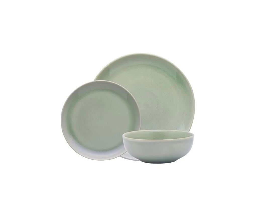 Product photo of Ecology ELEMENT Dinner Set (12-piece), ranked best dinner set for adding earthy tones. The set is hand-glazed stoneware in beautiful mossy tones.