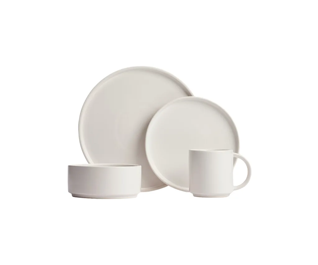 Product photo of Country Road Stakk Dining Set (16-piece), ranked best dinner set for minimalists. The set features a off-white colour and simple design.