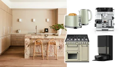 Split image; on the left a neutral toned kitchen and on the right a selection of deals from the best Black Friday appliance sales